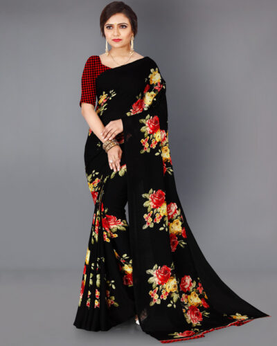 Floral Print Daily Wear Georgette Saree (Black)