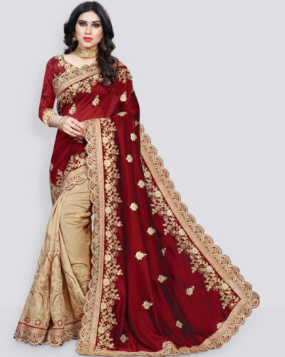 Embroidered Bollywood Silk Blend, Art Silk Saree (Maroon, Cream)