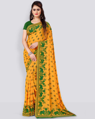 Paisley, Animal Print, Floral Print Daily Wear Georgette Saree (Green, Yellow)