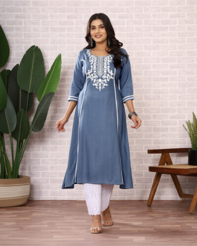 Women Embroidered Viscose Rayon A-line Kurta (Blue)