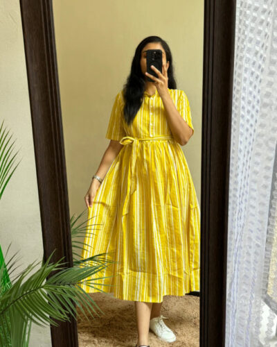Women Printed Pure Cotton Flared Kurta (Yellow)