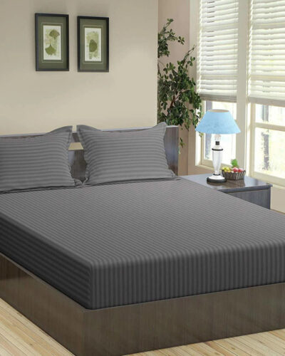 Home Elite Cotton King Flat 210 TC Striped Bedsheet (Pack of 1, Grey)