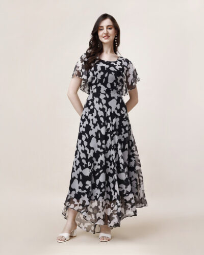 Women Fit and Flare Grey, Black Maxi/Full Length Dress