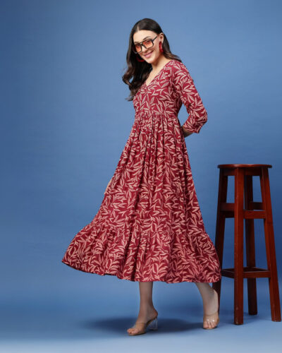 Women Fit and Flare Maroon Midi/Calf Length Dress
