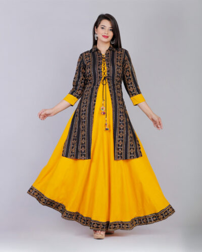 Women Printed Cotton Rayon Anarkali Kurta (Yellow, Black)