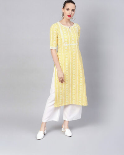 Women Printed Cotton Blend Straight Kurta (Yellow)