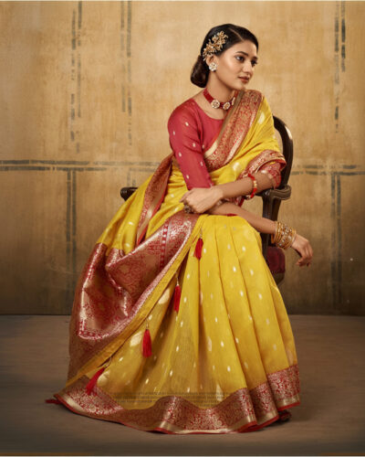 Self Design, Woven, Embellished Banarasi Cotton Silk, Silk Blend Saree (Yellow, Gold)