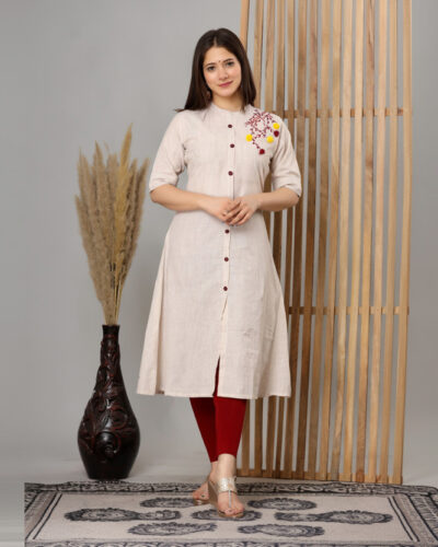 Women Embroidered Cotton Blend A-line Kurta (Beige)