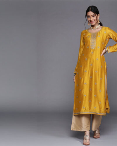 Women Embroidered Silk Blend A-line Kurta (Yellow)
