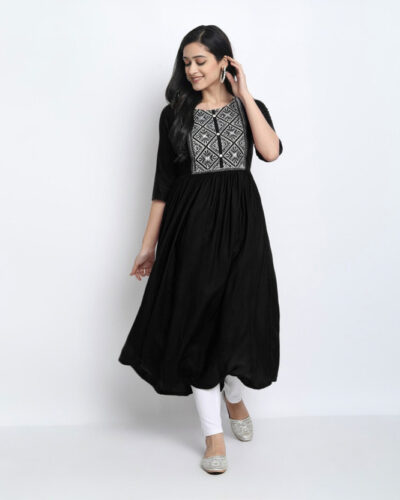 Women Embroidered Viscose Rayon Flared Kurta (Black)