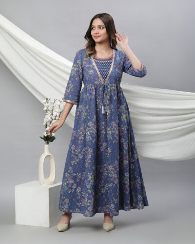 Women Ikat Pure Cotton Flared Kurta (Blue)