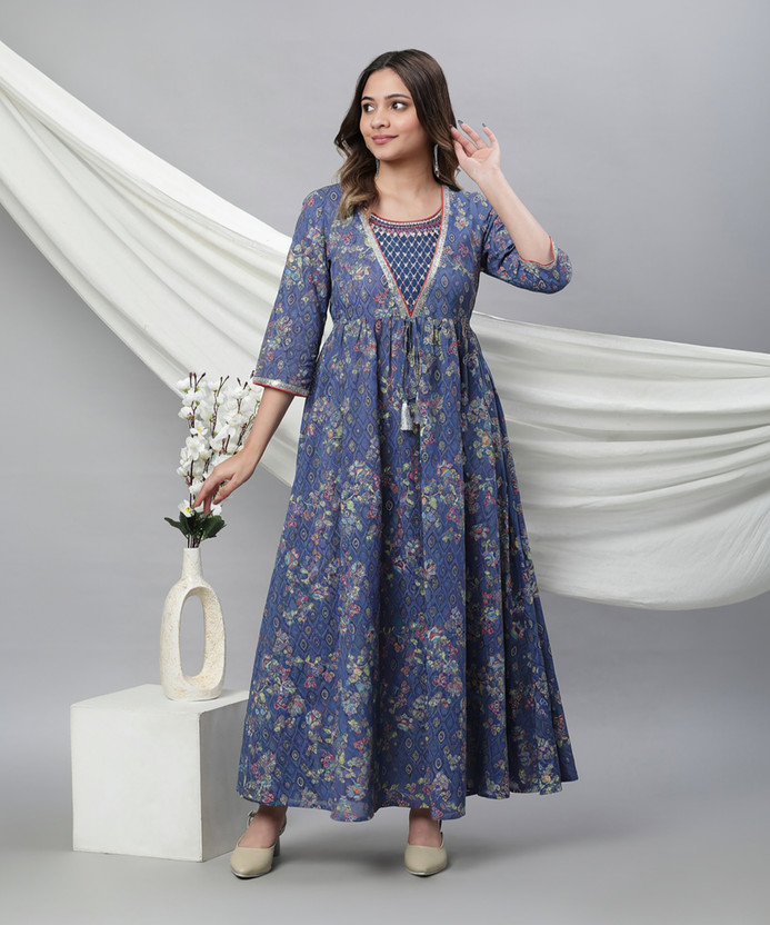 Women Ikat Pure Cotton Flared Kurta (Blue)