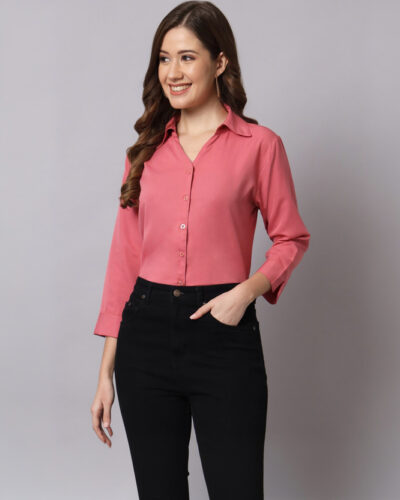 Women Regular Fit Solid Spread Collar Casual Shirt