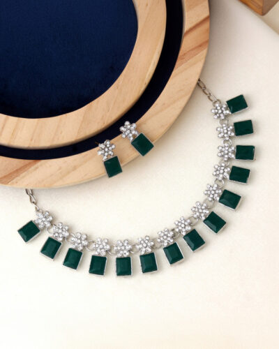 Alloy Rhodium Silver, Green Jewel Set (Pack of 1)