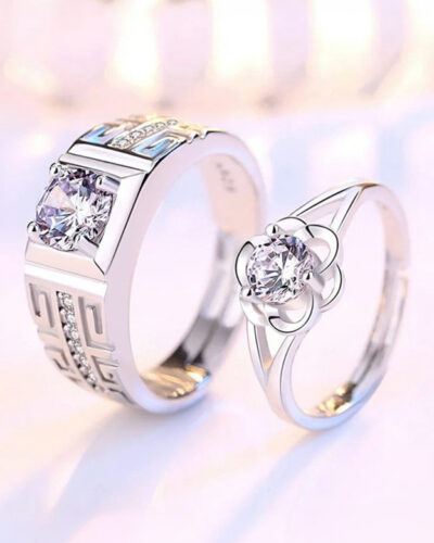 Couple Silver Rings For Women & Men Alloy Rhodium Plated Ring Set