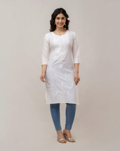 Women Embroidered Cotton Blend Straight Kurta (White)