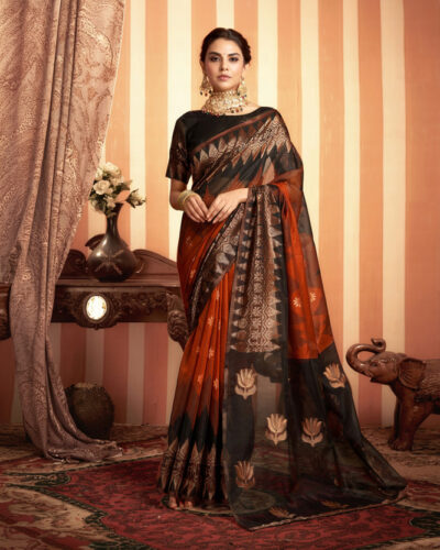 Woven, Embellished, Self Design Banarasi Cotton Blend Saree (Orange, Black)