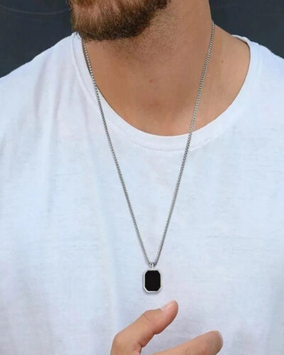 Classic Black Amulet Octagon Hexagon Square Locket Pendant Silver Plated Alloy Chain