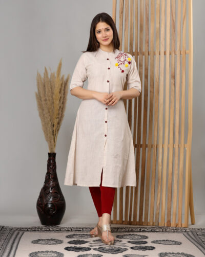 Women Embroidered Pure Cotton A-line Kurta (Beige)