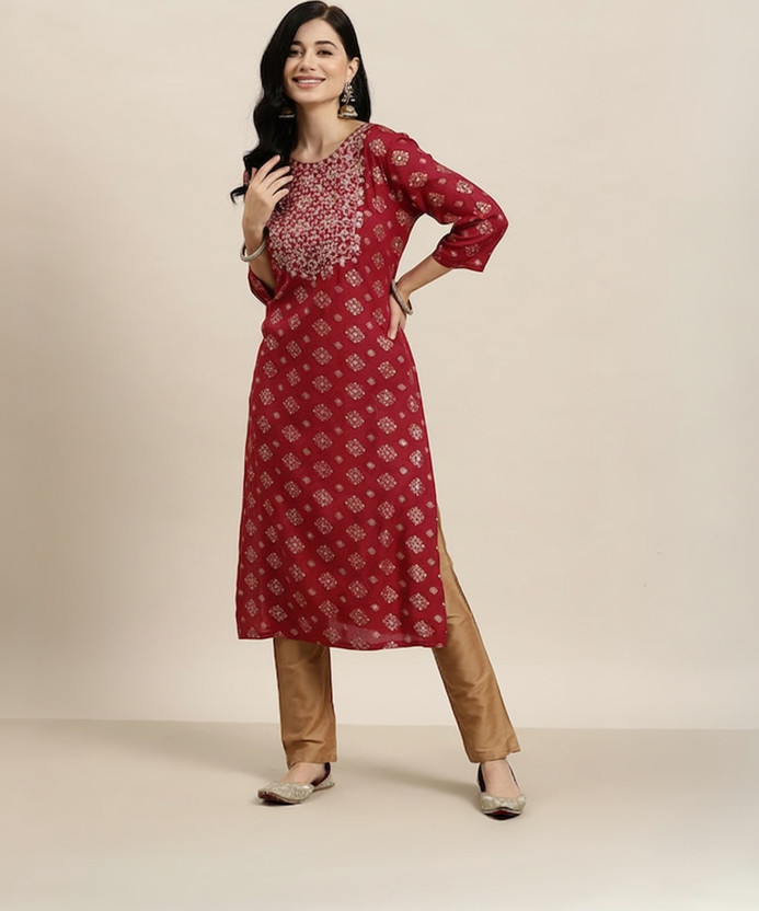 Women Printed Viscose Rayon Straight Kurta (Maroon)