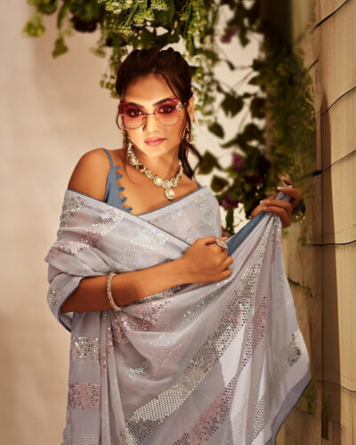 Embroidered Bollywood Georgette Saree (Grey)