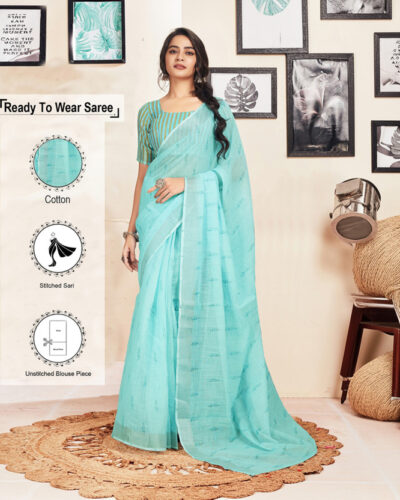 Ready to Wear Printed Jamdani Pure Cotton Saree (Light Blue)