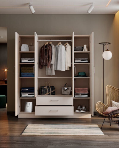 Wakefit Organza Plus Engineered Wood 4 Door Wardrobe (Finish Color - Frosty White, Mirror Included, Knock Down)