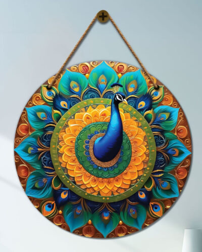 KBH Craft Peacock in green and brown mandala Wooden wall Hanging (12 inch X 12 inch, Multicolor)
