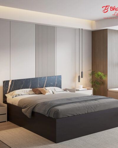 Bharat Lifestyle Amsterdam With Marble Finish Header Engineered Wood Queen Bed (Finish Color - Wenge & Brown, Delivery Condition - Knock Down)
