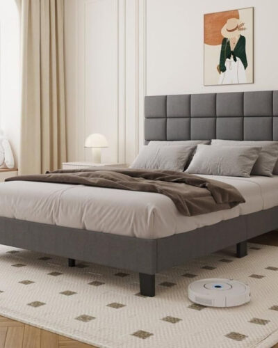 Carftjar Fabric Queen Size Bed With Box Design Headboard For Bedroom/ Kids Room/ Hotel || Engineered Wood Queen Bed (Finish Color - Light Grey, Delivery Condition - DIY(Do-It-Yourself))