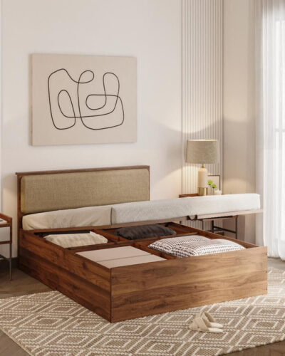 Wakefit Taurus Engineered Wood Queen Hydraulic Bed (Finish Color - Bed (Columbian Walnut), Upholstery (Omega Pearl), Hydraulic Storage, Delivery Condition - Knock Down)