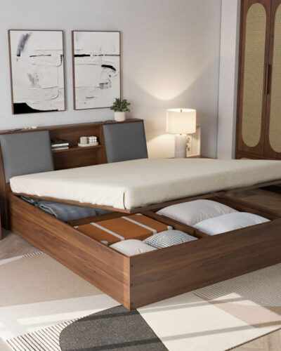 Wakefit Orion Engineered Wood Queen Hydraulic Bed (Finish Color - Bed (Columbian Walnut), Upholstery (Omega Grey), Hydraulic Storage, Delivery Condition - Knock Down)