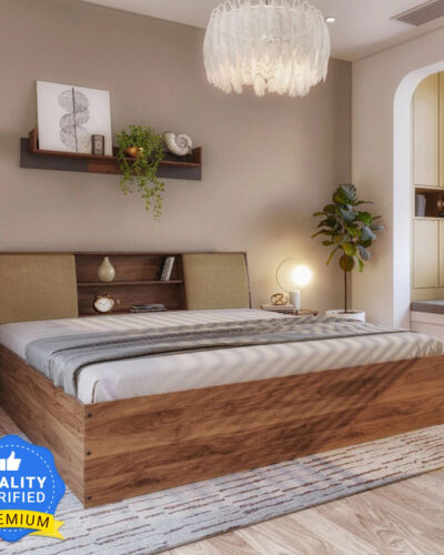 Wakefit Engineered Wood Queen Box Bed (Finish Color - Bed (Columbian Walnut), Upholstery (Omega Pearl), Delivery Condition - Knock Down)