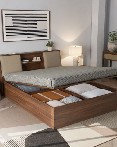 Wakefit Orion Engineered Wood Queen Hydraulic Bed (Finish Color - Bed (Columbian Walnut), Upholstery (Omega Pearl), Hydraulic Storage, Delivery Condition - Knock Down)