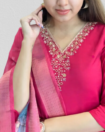 Aksa Fashion Embroidered Straight Salwar, Kurta & Chanderi Dupatta set for Women Solid Kurta, Trouser/Pant & Dupatta Set