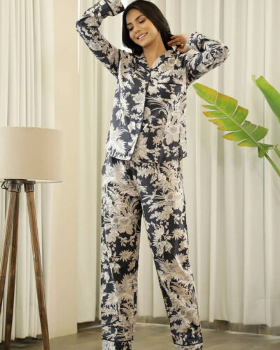 Women Shirt & Pyjama set Black, Beige Floral Print