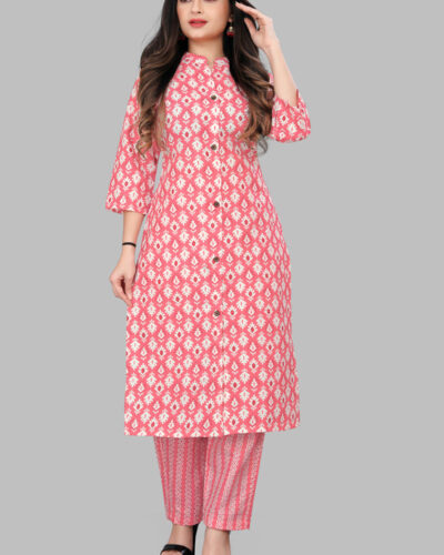 Women Cotton Blend Kurti Pant Set