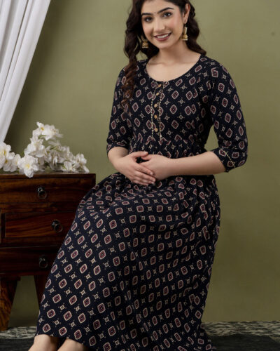 Women Printed Cotton Blend Gown Kurta (Black)