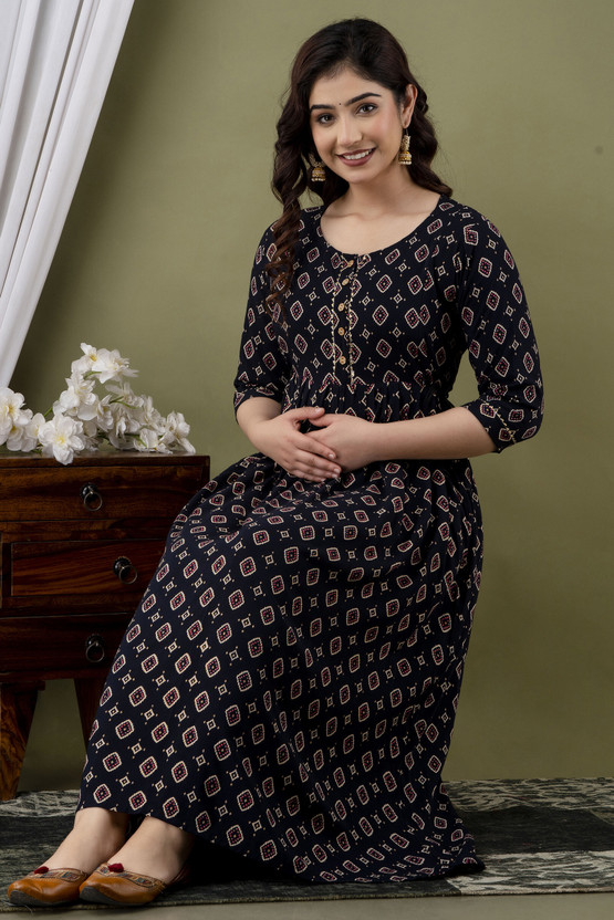 Women Printed Cotton Blend Gown Kurta (Black)
