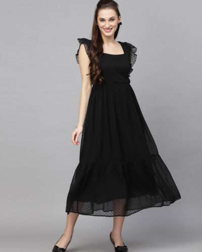 Women Fit and Flare Black Midi/Calf Length Dress