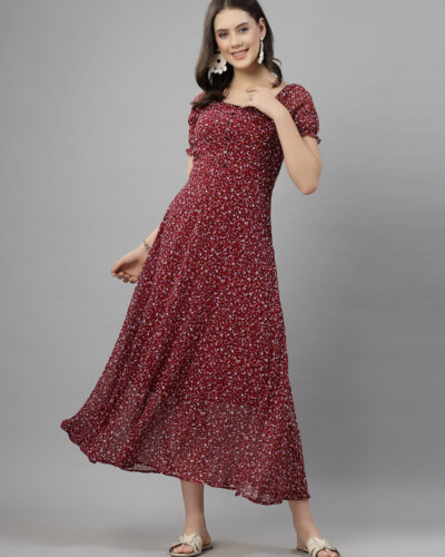 Women Fit and Flare Maroon Maxi/Full Length Dress