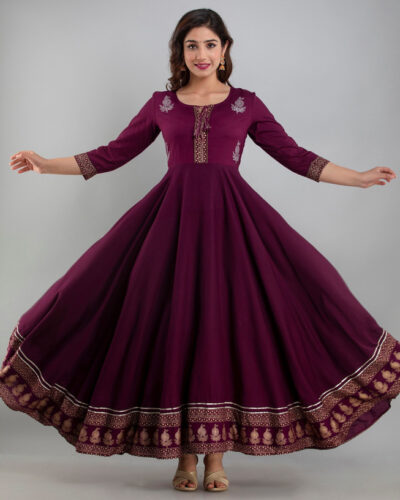 Women Embroidered Viscose Rayon Anarkali Kurta (Purple)