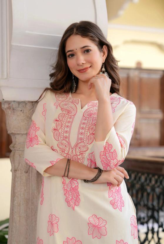 Women Floral Print Pure Cotton Straight Kurta (Pink)