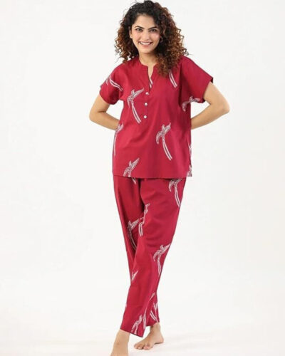Women Night Suit Set Maroon Printed