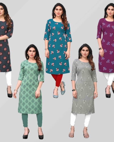 Pack of 5 Women Printed Crepe Straight Kurta (Multicolor)