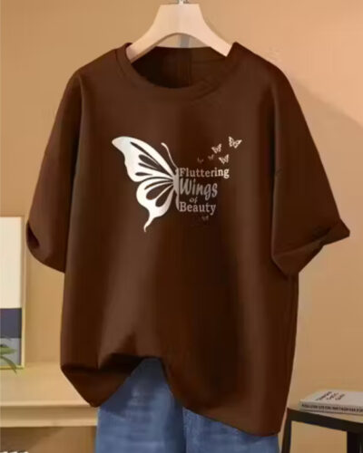 Women Printed Round Neck Pure Cotton Brown T-Shirt