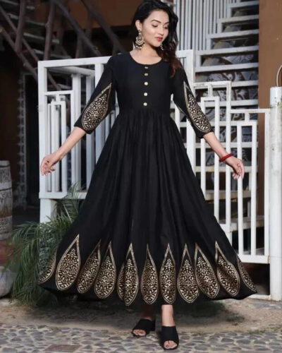 Women Printed Viscose Rayon Anarkali Kurta (Black)