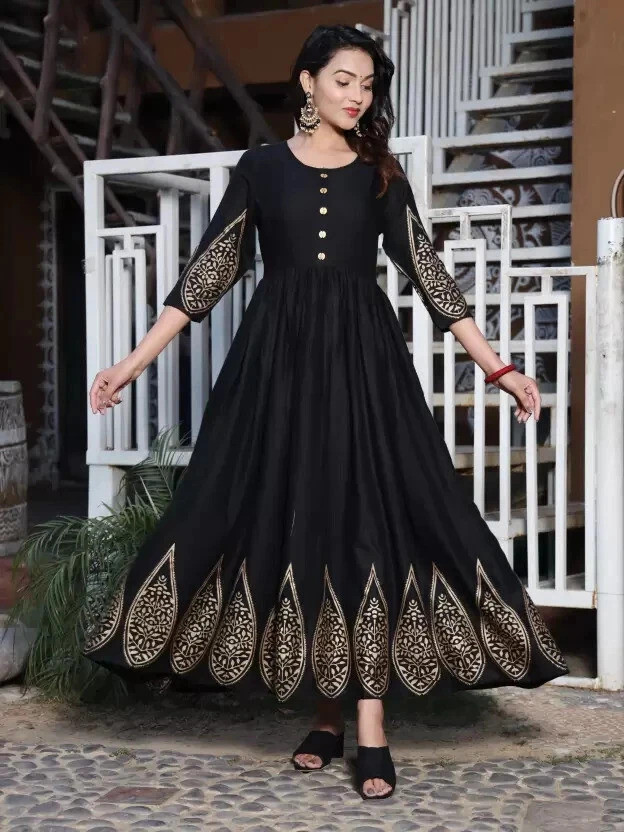Women Printed Viscose Rayon Anarkali Kurta (Black)
