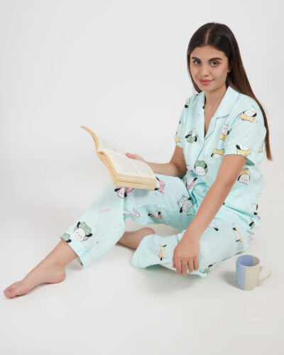 Women Night Suit Set Blue Printed