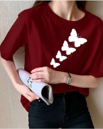 Women Printed Round Neck Polycotton Maroon T-Shirt